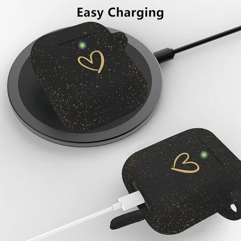 Compatible with AirPods Case Cover, Soft Silicone Case with Gold Heart Pattern for AirPods 2&1 Generation Case with Rhinestone Studded Love Heart Keychain (Black) in Saudi Arabia