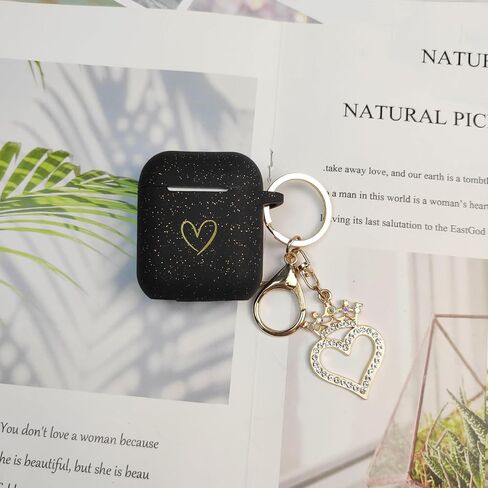 Compatible with AirPods Case Cover, Soft Silicone Case with Gold Heart Pattern for AirPods 2&1 Generation Case with Rhinestone Studded Love Heart Keychain (Black) in Saudi Arabia