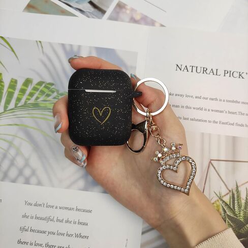 Compatible with AirPods Case Cover, Soft Silicone Case with Gold Heart Pattern for AirPods 2&1 Generation Case with Rhinestone Studded Love Heart Keychain (Black) in Saudi Arabia