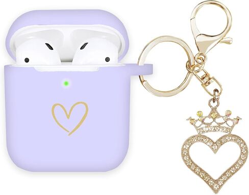 Compatible with AirPods Case Cover, Soft Silicone Case with Gold Heart Pattern for AirPods 2&1 Generation Case with Rhinestone Studded Love Heart Keychain (Black) in Saudi Arabia