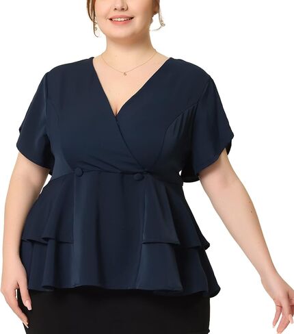 Agnes Orinda Plus Size Peplum Top للنساء العمل الخامس الرقبة كشكش هيم أزرار الجبهة الحلل الأعلى in Saudi Arabia