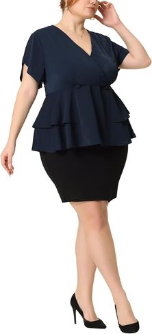 Agnes Orinda Plus Size Peplum Top للنساء العمل الخامس الرقبة كشكش هيم أزرار الجبهة الحلل الأعلى in Saudi Arabia