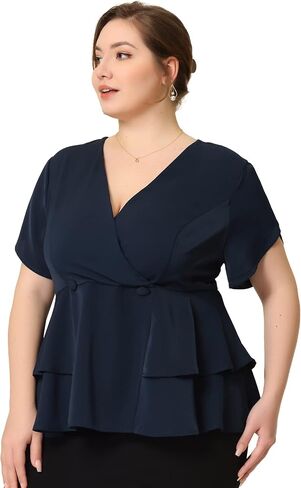 Agnes Orinda Plus Size Peplum Top للنساء العمل الخامس الرقبة كشكش هيم أزرار الجبهة الحلل الأعلى in Saudi Arabia