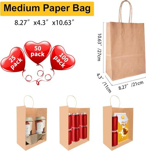 BAG BOX 100 Pack 8.25x4.3x10.6 Inch White Gift Bags with Handles,Bulk Kraft Paper Bags for Shopping, Retail, Merchandise, Wedding, Party Favors, Paper Grocery Sacks in Saudi Arabia