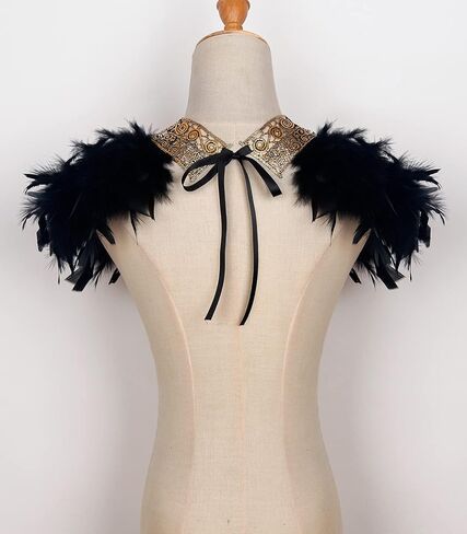 L'VOW Gothic Women Poncho Collar Natural Feather Short Cape Lace Epaulet Shoulder Shrug Wings Halloween Costume in Kuwait
