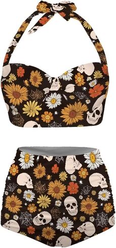 الزهور الرجعية 60s 70s 80s مجموعات بيكيني رائع مجردة الهبي المايوه هالوين الهيكل العظمي القوطي الجمجمة اثنين من Pieve الخامس الرقبة ملابس السباحة، Cottagecore خمر ديزي وزهرة عباد الشمس in Kuwait