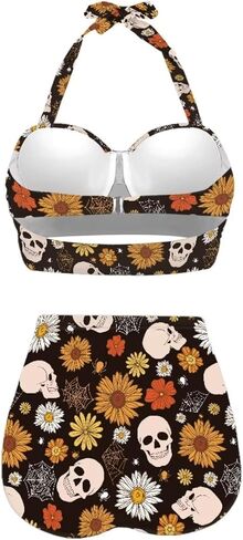 الزهور الرجعية 60s 70s 80s مجموعات بيكيني رائع مجردة الهبي المايوه هالوين الهيكل العظمي القوطي الجمجمة اثنين من Pieve الخامس الرقبة ملابس السباحة، Cottagecore خمر ديزي وزهرة عباد الشمس in Kuwait