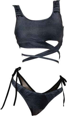 MEOWCOS Future Dystopian Wasteland Style Black Grey Swimsuit Straps Top and Triangle Bikini Bottoms with Arm Sleeves in Saudi Arabia