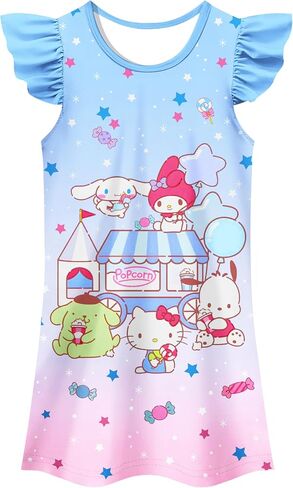 Girls Cartoon Dress Kids Cute Anime Playwear Summer Casual Flutter Sleeve Dresses Toddlers Blue, 10-11 Years in Saudi Arabia