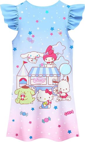 Girls Cartoon Dress Kids Cute Anime Playwear Summer Casual Flutter Sleeve Dresses Toddlers Blue, 10-11 Years in Saudi Arabia