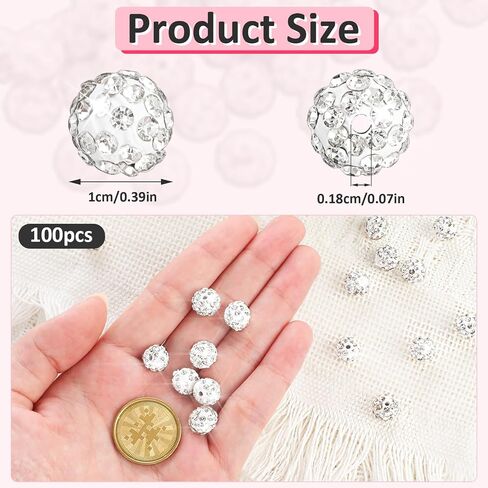 100 جهاز كمبيوتر شخصى 10mm حبات حجر الراين للصياغة، جولة كريستال ديسكو الكرة الخرز تمهيد الماس، بريق الطين سوار الخرز لصنع المجوهرات سوار الصداقة in Saudi Arabia