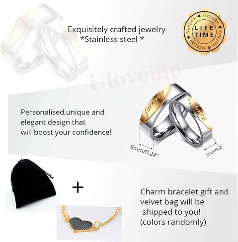 Uloveido A Pair of Titanium Gold Forever Love Double Couples Promise Rings 6mm Men and 5mm Women Wedding Bands Set Gift CR058 in Saudi Arabia