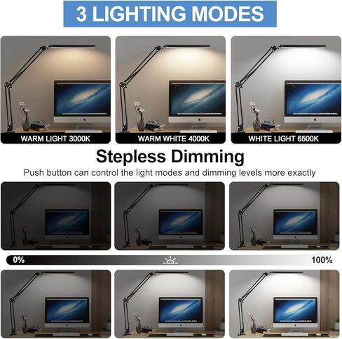 LED Desk Lamps for Home Office,Adjustable Swing Arm Desk Light with Clamp, 3 Color Modes,Dimmable 10 Brightness Levels,Memory Function Desk Lamp for Study, Reading-Black in Saudi Arabia