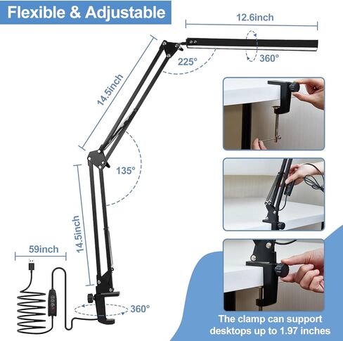 LED Desk Lamps for Home Office,Adjustable Swing Arm Desk Light with Clamp, 3 Color Modes,Dimmable 10 Brightness Levels,Memory Function Desk Lamp for Study, Reading-Black in Saudi Arabia