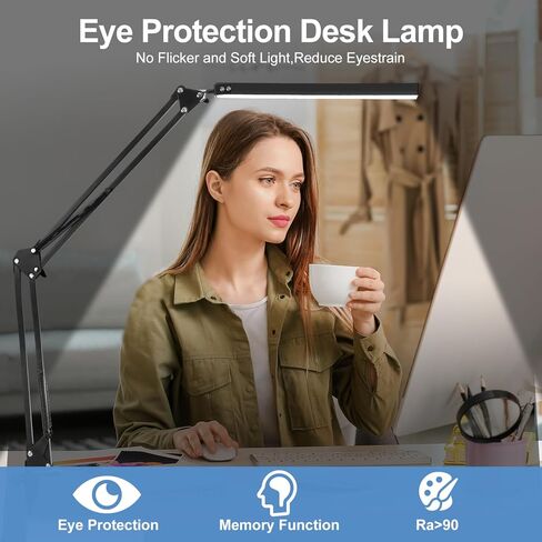 LED Desk Lamps for Home Office,Adjustable Swing Arm Desk Light with Clamp, 3 Color Modes,Dimmable 10 Brightness Levels,Memory Function Desk Lamp for Study, Reading-Black in Saudi Arabia
