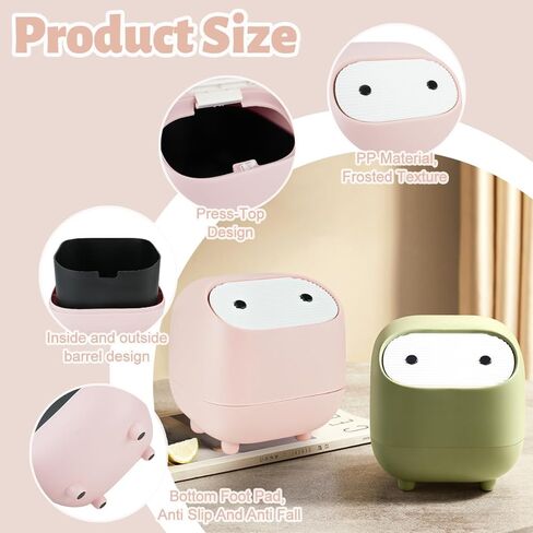 Mini Trash Can, Cute Small Trash Can with Lid, Desktop Paper Bin with 90 of Bin Liners, Portable Tabletop Dustbin, Cartoon Animal Rubbish Storage for Office Bedroom Desk Car Kitchen(Pink) in Saudi Arabia