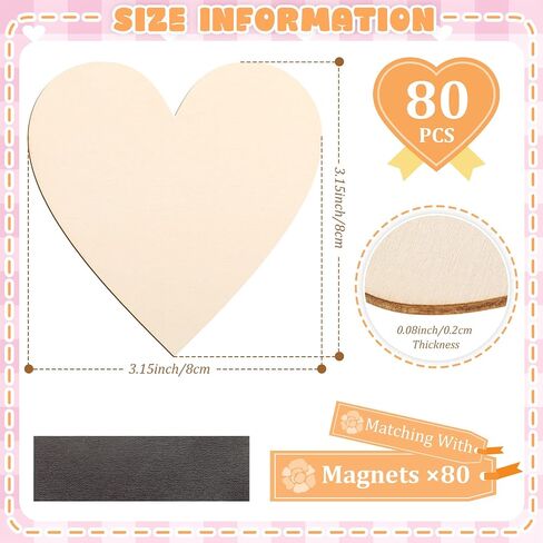 Qunclay 80 Pcs Wooden Hearts with Magnets 3.15 Inch Unfinished Blank Heart Small Wooden Hearts DIY Decor Wood Slices Refrigerator Magnet Decorations for Crafts Valentine Father's Day Wedding Guest in Saudi Arabia
