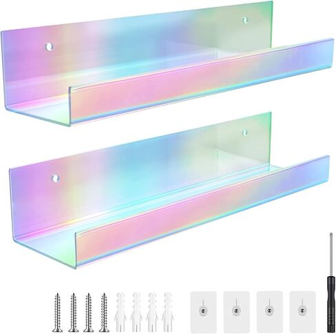 2PCS Iridescent Rainbow Wall Mounted Floating Shelves/Bookshelf,15" Acrylic nail Cuter Clear Shelf for Iridescent Home Decor, Kids,Kitchen, or Living Room Décor in Saudi Arabia