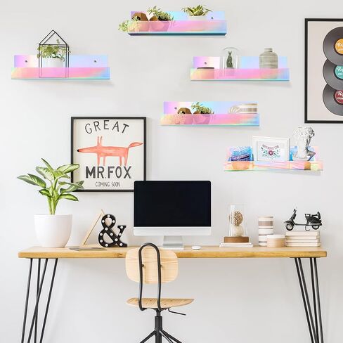 2PCS Iridescent Rainbow Wall Mounted Floating Shelves/Bookshelf,15" Acrylic nail Cuter Clear Shelf for Iridescent Home Decor, Kids,Kitchen, or Living Room Décor in Saudi Arabia