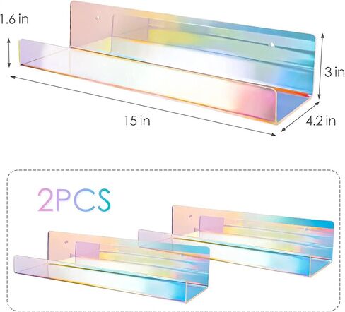 2PCS Iridescent Rainbow Wall Mounted Floating Shelves/Bookshelf,15" Acrylic nail Cuter Clear Shelf for Iridescent Home Decor, Kids,Kitchen, or Living Room Décor in Saudi Arabia