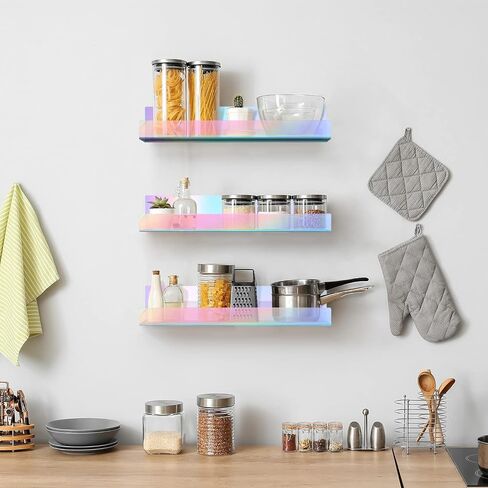 2PCS Iridescent Rainbow Wall Mounted Floating Shelves/Bookshelf,15" Acrylic nail Cuter Clear Shelf for Iridescent Home Decor, Kids,Kitchen, or Living Room Décor in Saudi Arabia
