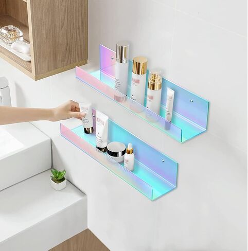 2PCS Iridescent Rainbow Wall Mounted Floating Shelves/Bookshelf,15" Acrylic nail Cuter Clear Shelf for Iridescent Home Decor, Kids,Kitchen, or Living Room Décor in Saudi Arabia