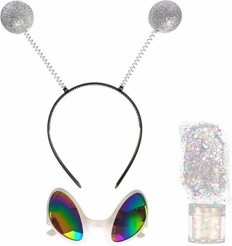 Alien Costume Accessories Antenna Headband Rainbow Lens Sunglasses Silver Holographic Glitter Halloween Cosplay Party Supply in Saudi Arabia