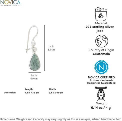 NOVICA Artisan Handmade Jade Dangle Earrings Fair Trade Sterling Silver Green Guatemala Cypress [1.4 in L x 0.4 in W x 0.2 in D] ' Pale Green Tears' in Saudi Arabia
