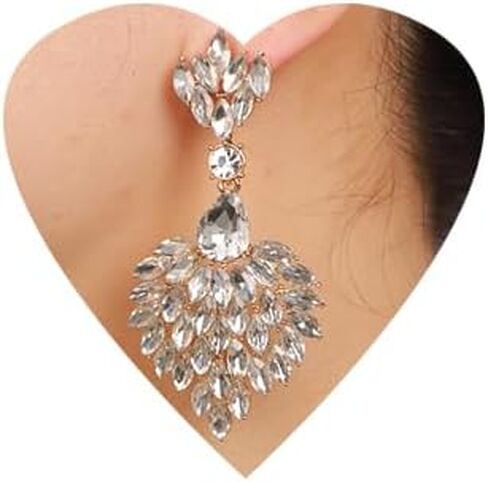 Fashion Art Deco Style Rhinestone Statement Earrings Heart Shape Rhinestone Dangle Drop Earrings Bohemian Style Sparkling Rhinestone Chandelier Earrings for Women Girls in Saudi Arabia