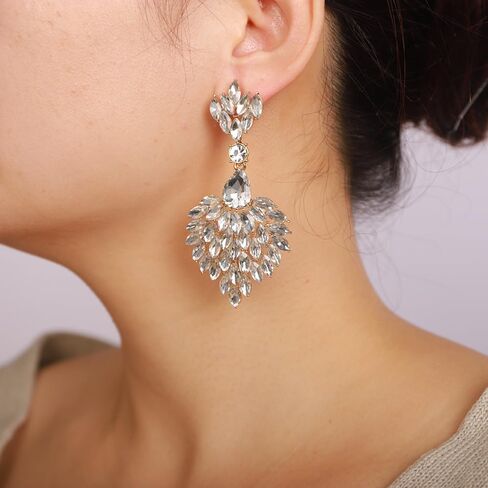 Fashion Art Deco Style Rhinestone Statement Earrings Heart Shape Rhinestone Dangle Drop Earrings Bohemian Style Sparkling Rhinestone Chandelier Earrings for Women Girls in Saudi Arabia