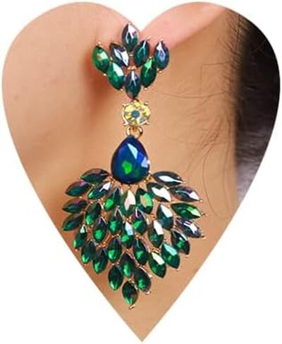 Fashion Art Deco Style Rhinestone Statement Earrings Heart Shape Rhinestone Dangle Drop Earrings Bohemian Style Sparkling Rhinestone Chandelier Earrings for Women Girls in Saudi Arabia