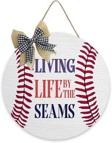 Baseball Logo At Seams Living Living Front Door Decor, Wood Outdoor Porch Decor Door Garland Hangers, Wood Wall Plaques for Sports Ball Lovers Rustic Farmhouse Porch Wall Decor 12x12 Inch in Saudi Arabia