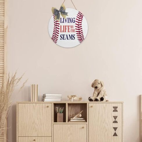 Baseball Logo At Seams Living Living Front Door Decor, Wood Outdoor Porch Decor Door Garland Hangers, Wood Wall Plaques for Sports Ball Lovers Rustic Farmhouse Porch Wall Decor 12x12 Inch in Saudi Arabia