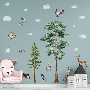 Large Woodland Animal Creature Wall Decals Peel and Stick Vinyl 52in Forest Pine Tree Animal Wall Decals Watercolor Jungle Safari Animal Wall Stickers Decor for Nursery Kids Room Toddler Baby Bedroom