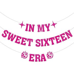 In My Sweet Sixteen Era Banner - 16th Birthday Party Decorations, Happy Sweet 16 Banner, Eras Tour Themed 16th Birthday Decorations, Cheers to 16 Years Birthday Party Decorations Hot Pink Glitter