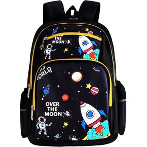 Rafaelle Kids Backpack for Boys Elementary Kindergarten with Astonauts Outer Space Ship Alien Galaxy Prints Large Capacity Preschool School Bag (black, 16 * 12 * 7 Inch / 40 * 30 * 17 cm)