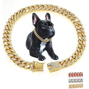 Dog Chain Collars, Cuban Link Chain for Dogs Jewelry Diamond Necklace Metal Bling Choke 13mm Wide Pet for Puppy Small Medium Large Dogs Cats Gold (8inch)