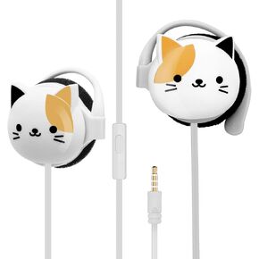 Kids Earbuds for Back to School with Ear Hooks, Cute Cat Earbud for Kid Wired Over Earbud & Ear Headphones with Microphone and Kawaii Ear Loops, Birthday Gifts for Girls and Boys (Black)