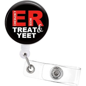 شارة بكرة قابلة للسحب مع مشبك التمساح "Treat and Yeet" حامل شارة مضحك لغرفة الطوارئ ER ممرضة مكتب طبي اسم معرف الديكور in Kuwait