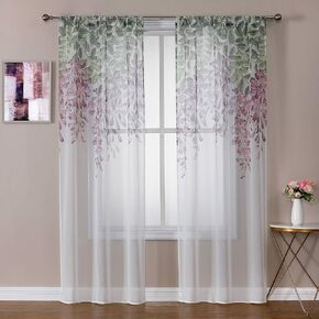 WUBODTI Floral Semi Sheer Window Curtains 1 Panel, Linen Look Purple Wisteria Flowers Sheer Curtain Drapes for Living Room Bedroom Nursery Green Leaf Window Treatment Sheers, 39" W x 102" L