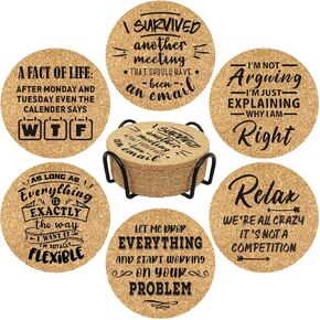 Homythe Office Gifts for Coworkers, Novelty Gifts for New Colleagues Employees Boss, Funny Office Desk Coasters, 6 Pcs Drink Coasters with Metal Holder, Humorous Birthday Gifts for Men Women