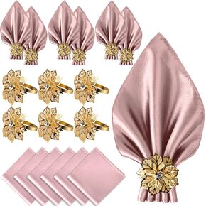 CROWN GUIDE 12 Pack Gold Napkin Rings and Cloth Napkins Set of 6, 17x17 Satin Cocktail Napkins Bulk Table Napkins Holder for Wedding Reception Personalized Napkins Bridal Shower for Party Decorative