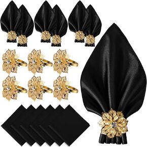 CROWN GUIDE 12 Pack Gold Napkin Rings and Cloth Napkins Set of 6, 17x17 Satin Cocktail Napkins Bulk Table Napkins Holder for Wedding Reception Personalized Napkins Bridal Shower for Party Decorative