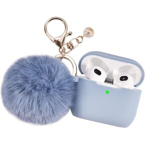 Portable Electronic Device Cover for Airpods 3, Gray Blue Silicone Case with Pompom Keychain for Women Girls, 2021 in Kuwait