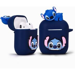 Cute Silicone Cartoon Case for Apple Airpod 1/2, 7 in 1 Accessories Set Protective Cover, Silicone Case/Keychain/Carabiner/Metal dust Sticker/Cleaning Brush/Anti-Lost Rope,The Best Gift