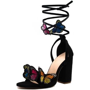 JOEupin Women's Strappy Chunky Heels Sandals 3 inch Butterfly Lace Up Ankle Wrap Heel Wedding Bridal Heeled Sandals Shoes