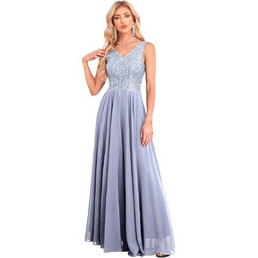 Women's V Neck Bridesmaid Dresses Lace Appliques Beaded Chiffon Long Formal Dress with Pockets B034