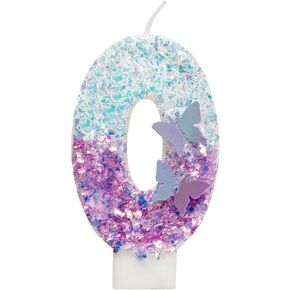 Birthday Candle 0,Purple and White Sequin with Light Purple Butterfly Candle Number 0 for Cake Women Girl Party Anniversary Supplies