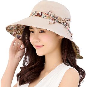 Women Bohemian Reversible Floral Cotton Sun Hat Wide Brim Outdoor Bucket Hats UV Protection