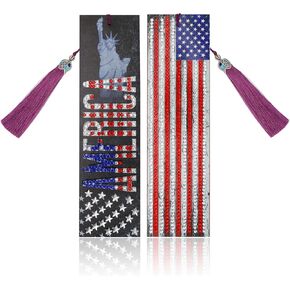 2 Pcs American Flag 5D Diamond Art Painting DIY Bookmarks, Marcadores Libro Pintura Diamantes Leather Tassel Bookmark, Statue of Liberty Beaded Book Marks for Independence Day July Fourth Gift